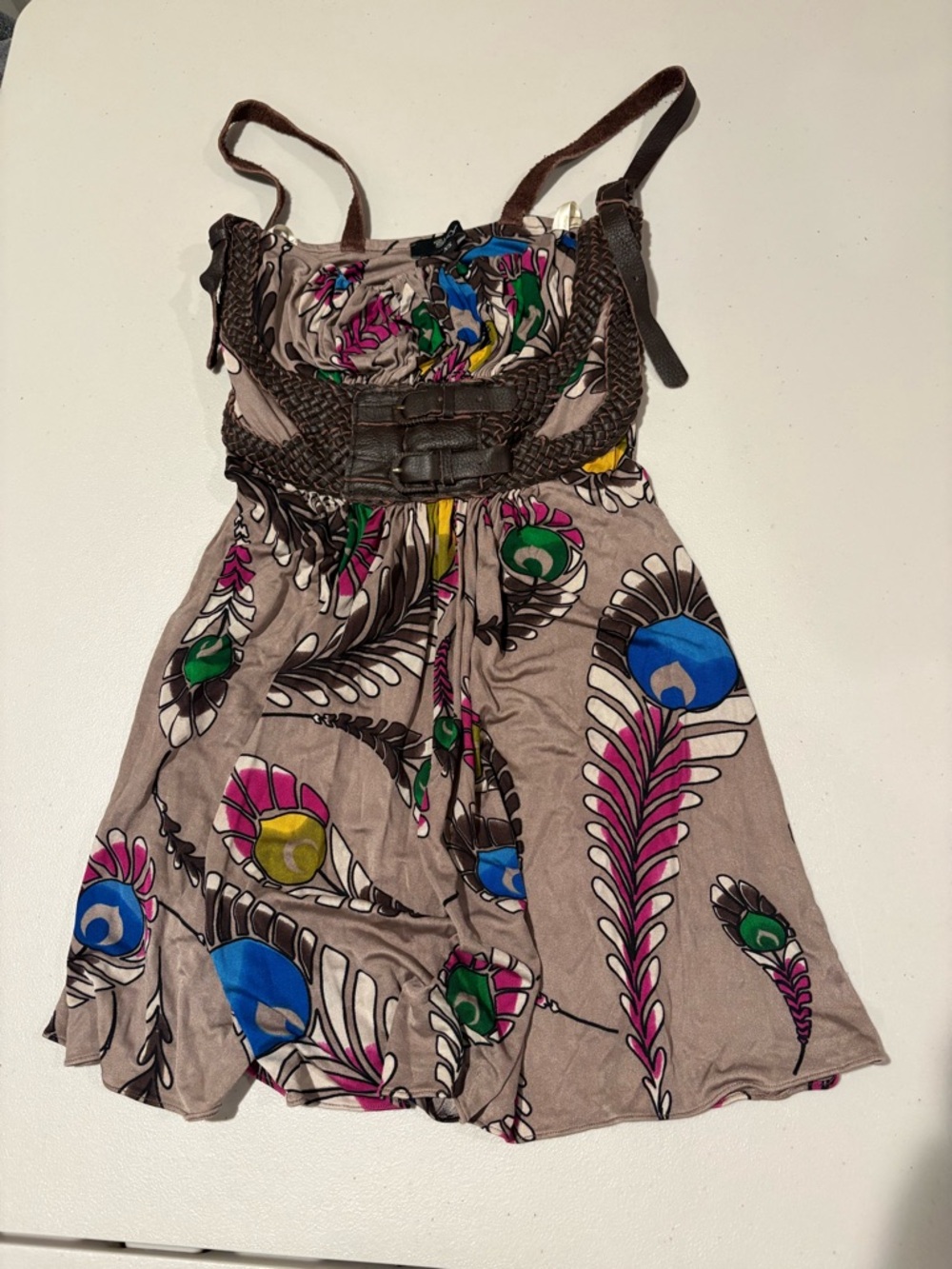 Vintage Sky Multicolor Feather-Print Casual Dress with Braided Brown Waist